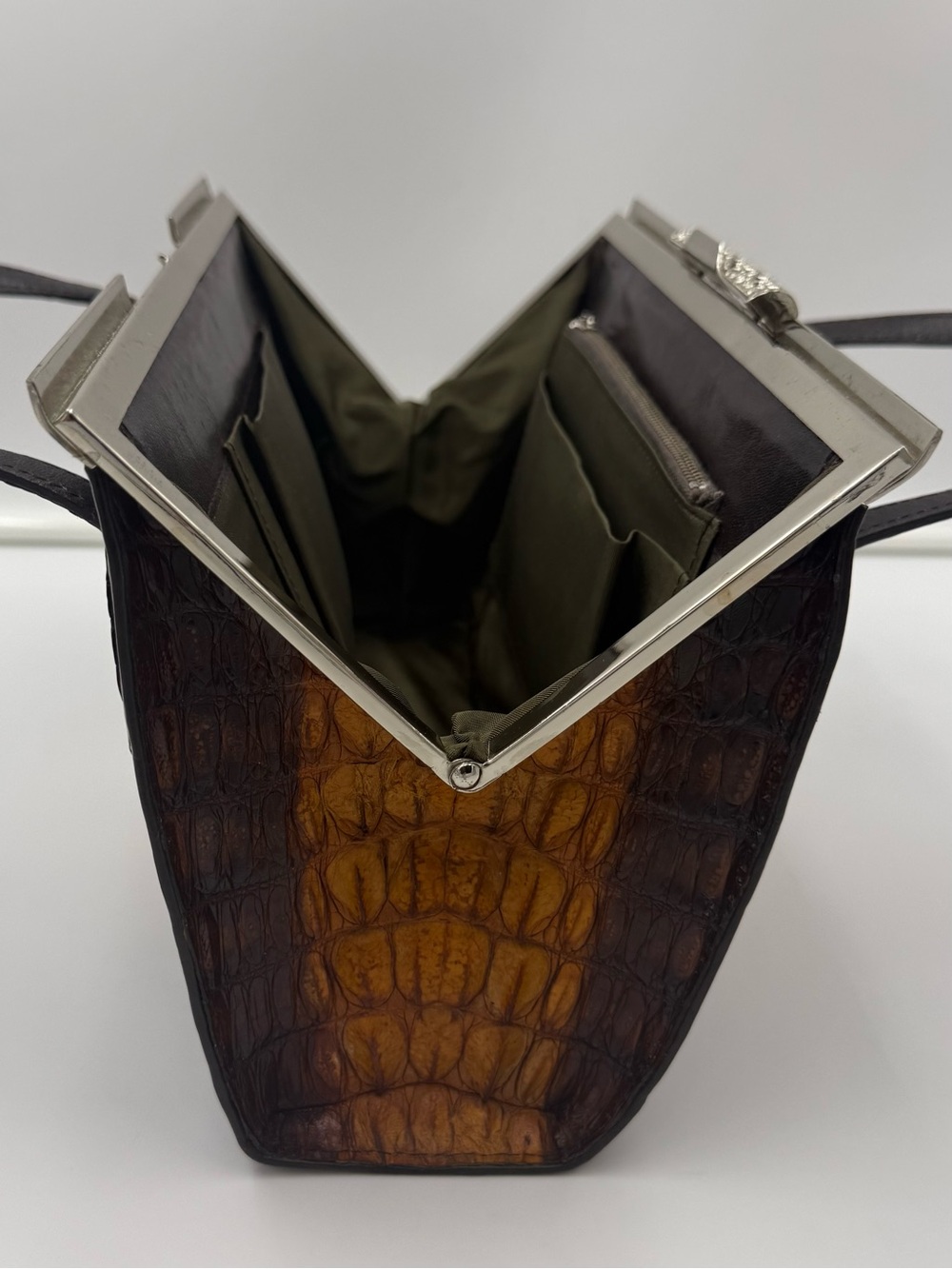 🐊JAPAN • Brown Exotic CROCODILE Frame 30 Top Handle Bag w/ Ornate Silver Trim - Picture 15 of 16